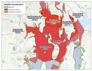 Map showing shellfish harvest area closures tied to heavy rain